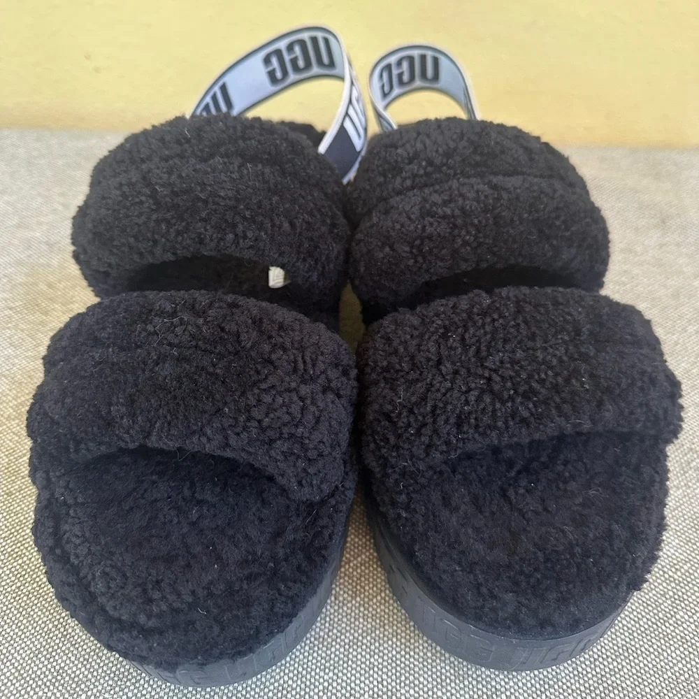 UGG “Oh Fluffita” Black Platform Slingback Slippers Size 10 Like New!